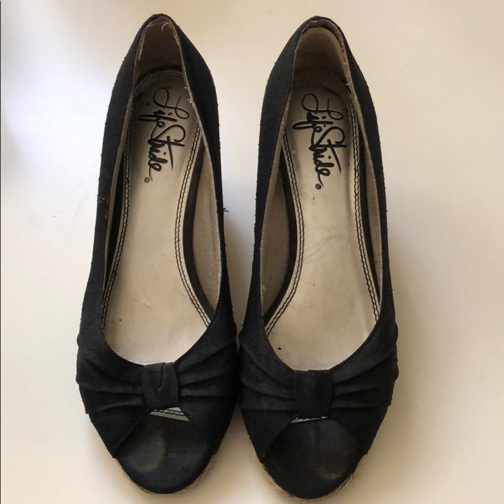 Life Stride Peep toe wedges- Black SZ 7.5